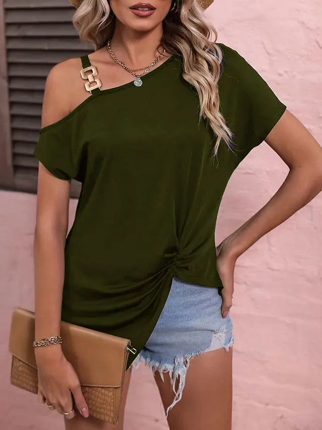 Women Clothes Off Shoulder Blouse Summer Irregular Design Tops Shirt Army Green - Shop at LoveMi