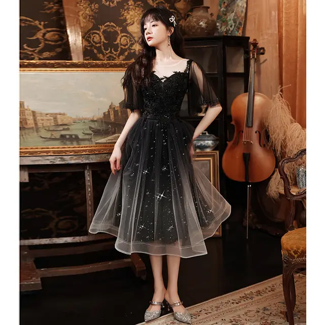 Spring Art Exam Black Xianqi Student Host Annual Party Dress Black Medium Length - Shop at LoveMi