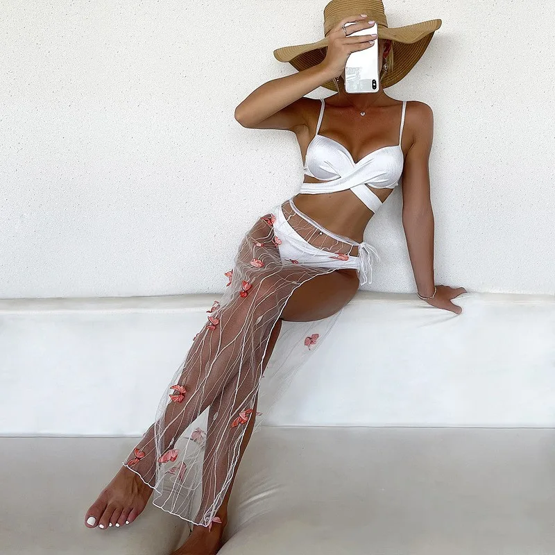 Three piece Long Skirt Solid Color Lace up Swimsuit White - Shop at LoveMi