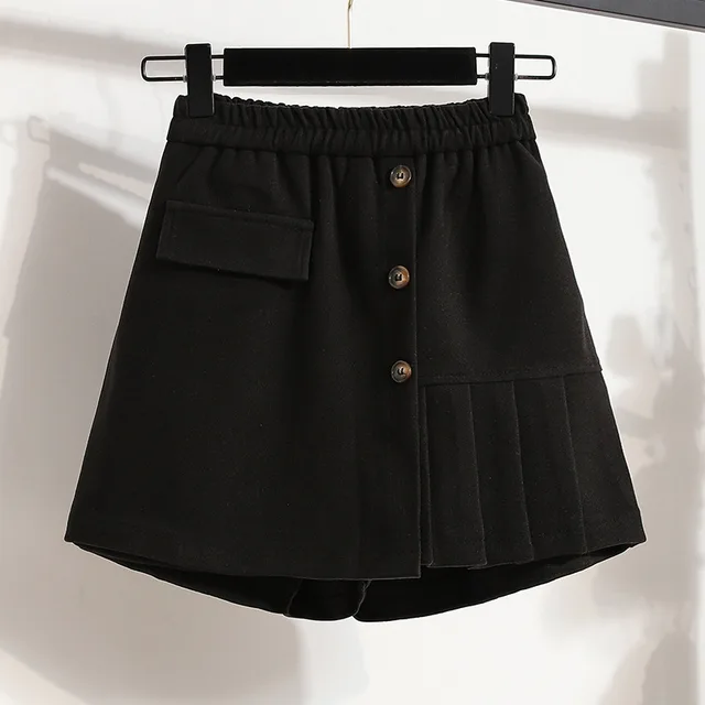 Women's Autumn And Winter Woolen Trousers Skirt Wide Leg Shorts Black - Shop at LoveMi