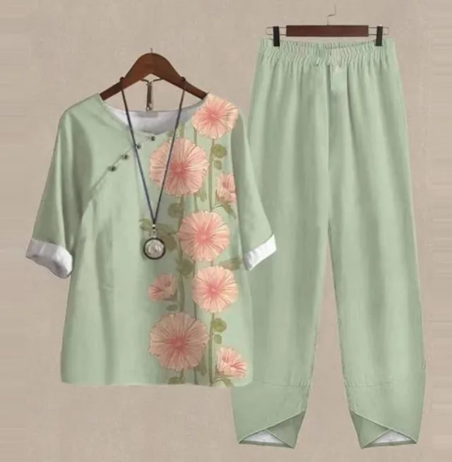 Spring New Women's Five quarter Sleeve Printed Top Two piece Pants Light Green - Shop at LoveMi