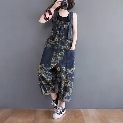 New Denim Strap Fat Mm Loose Slim Printed One piece Wide leg Pants Blue - Shop at LoveMi