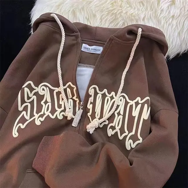 Autumn And Winter Trends And Casual Ins Wind Couples High Street Loose Hooded Jacket Brown - Shop at LoveMi