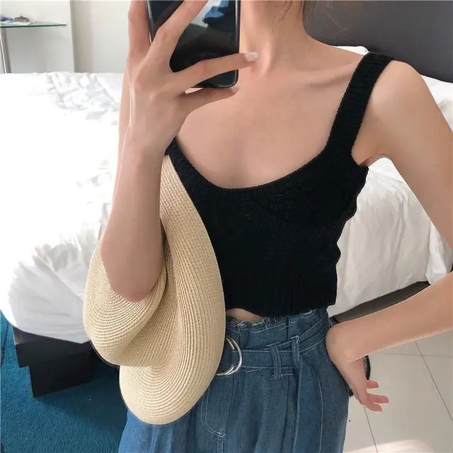 Versatile Sleeveless Fried Dough Twists Underlay Korean Top Black - Shop at LoveMi