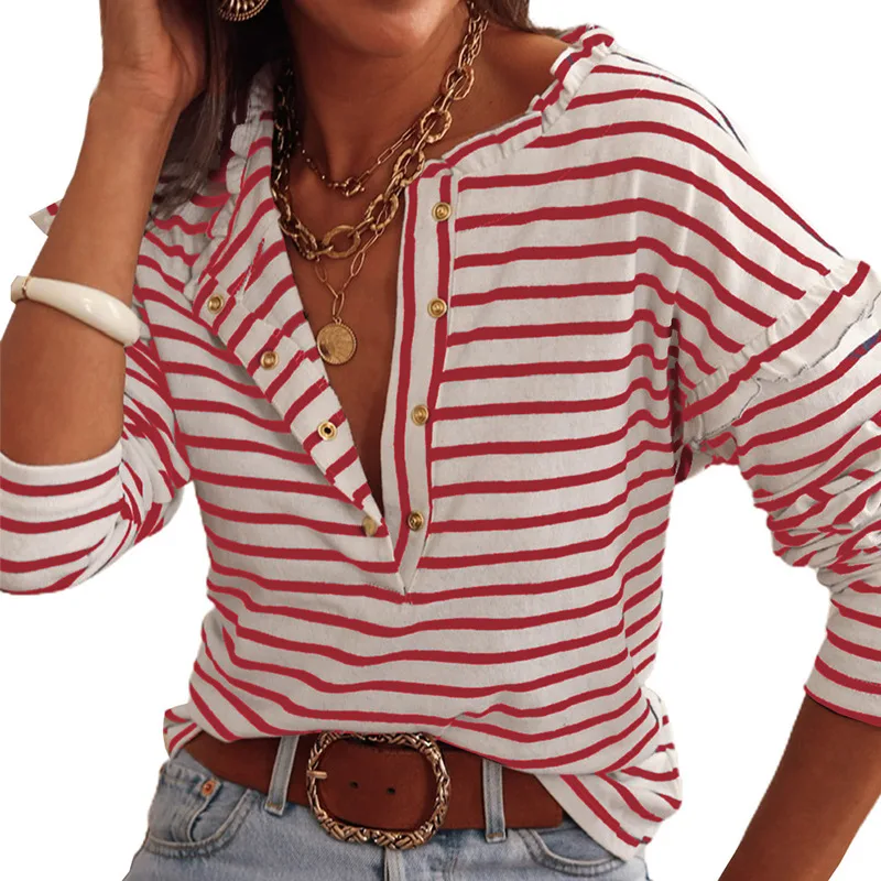 Women's Striped Top Long sleeve Button Red - Shop at LoveMi