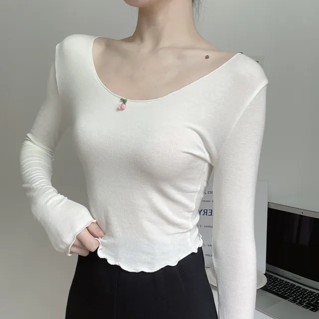 Women's Pure Desire Soft Waxy Cherry Fungus Edge Long Sleeve Beige - Shop at LoveMi