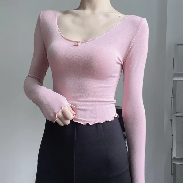 Women's Pure Desire Soft Waxy Cherry Fungus Edge Long Sleeve Pink - Shop at LoveMi