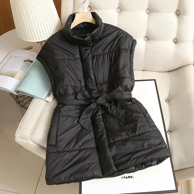 Women's High Collar Belt Cotton Vest Black - Shop at LoveMi