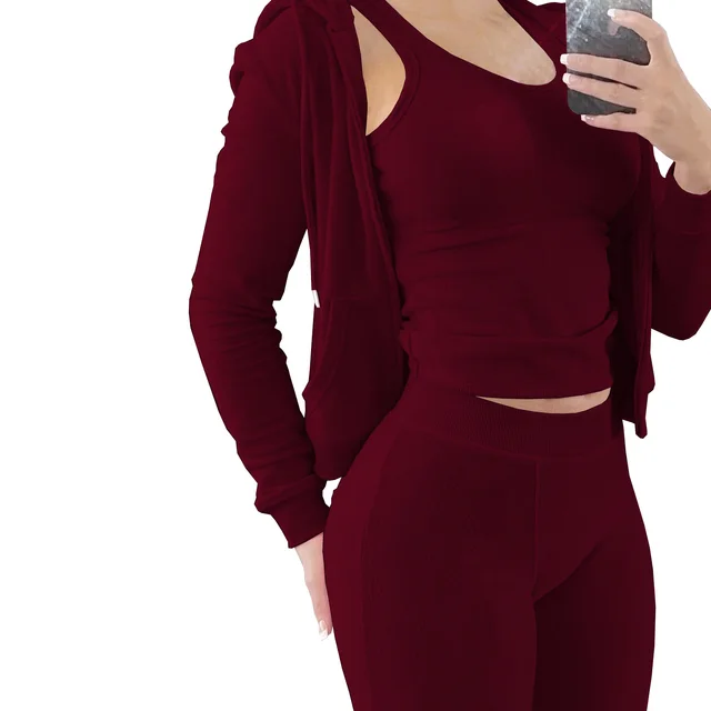 Women's Clothing Double sided Velvet Hooded Vest Three piece Set Burgundy - Shop at LoveMi