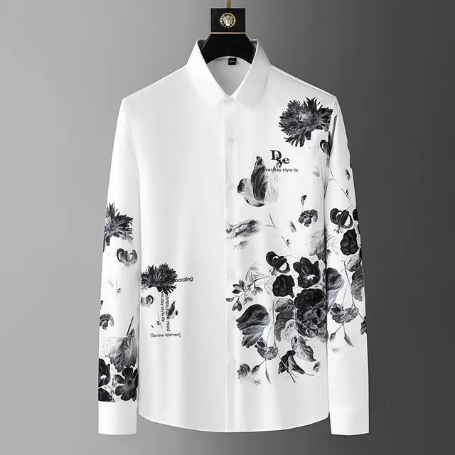 Men's Slim Fit Shirt With Ink Painting Printing White - Shop at LoveMi