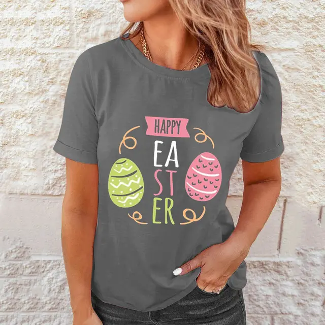 Shirts Women Easter Printed Casual Blouses Short Sleeve Tees Greya - Shop at LoveMi
