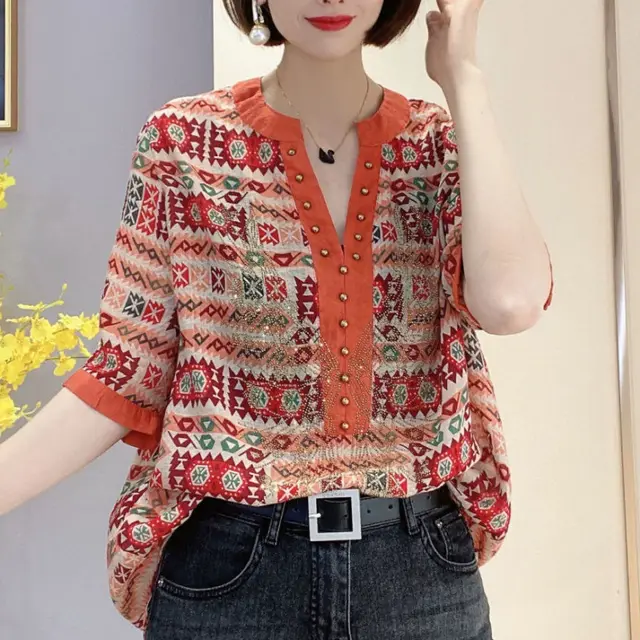 Ethnic Style Hot Diamond Printed Shirt Female Summer Red - Shop at LoveMi