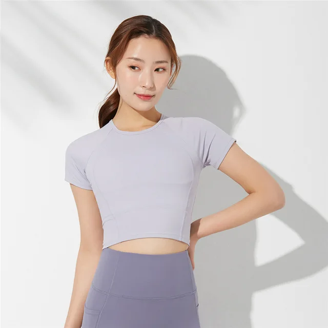 Autumn New Yoga Wear Blouse Sports Tights Short sleeved T shirt For Women Light Blue Purple - Shop at LoveMi