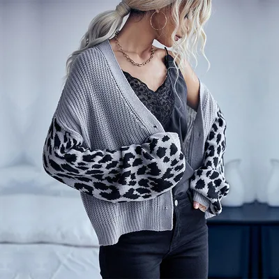 Autumn And Winter New Fashion Women's Clothing Long Sleeve Leopard print Sweater Coat For Women Gray - Shop at LoveMi