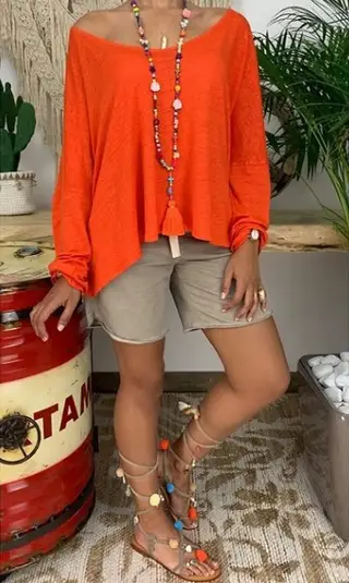 European And American Women's Clothing Solid Color Plus Size Versatile Loose Long Sleeves T-shirt - Orange