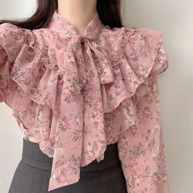 Design Sense Bow Chiffon Shirt Floral Shirt Women's Top Pink - Shop at LoveMi