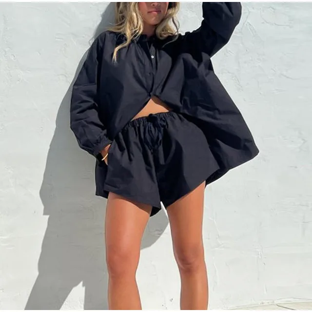 Long Sleeve Shirt Casual Shorts Two piece Jacket Black - Shop at LoveMi