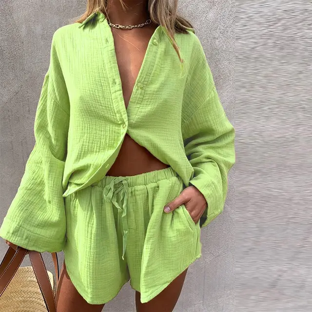 Long Sleeve Shirt Casual Shorts Two piece Jacket Bright Green - Shop at LoveMi