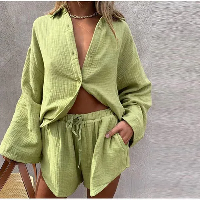 Long Sleeve Shirt Casual Shorts Two piece Jacket Light Green - Shop at LoveMi