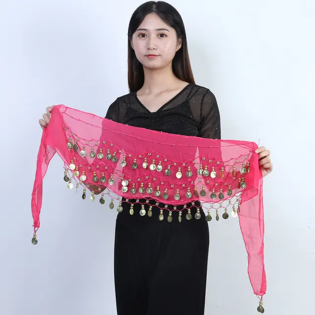 98 Coins Belly Dance Waist Chain Chiffon Three layer Gold Coin Belt Indian Dance Exercise And Performance Hip Scarf Scarf Rose Red 98 Coins - Shop at LoveMi