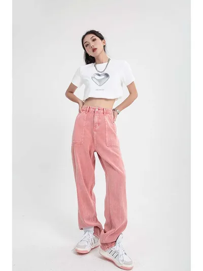 Women's Retro Straight Wide Leg Trousers Pink - Shop at LoveMi