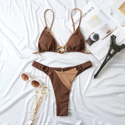 Solid Color Double layer Fabric Split Swimsuit Coffee - Shop at LoveMi
