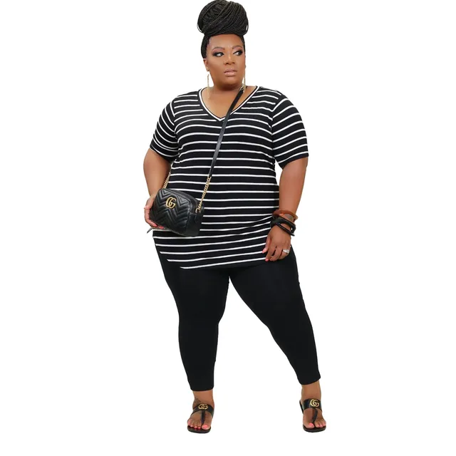 Women's Positioning Plus Size Striped Printed Casual Suit Black - Shop at LoveMi