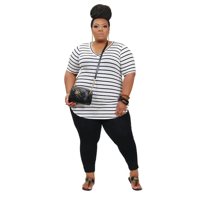 Women's Positioning Plus Size Striped Printed Casual Suit White - Shop at LoveMi