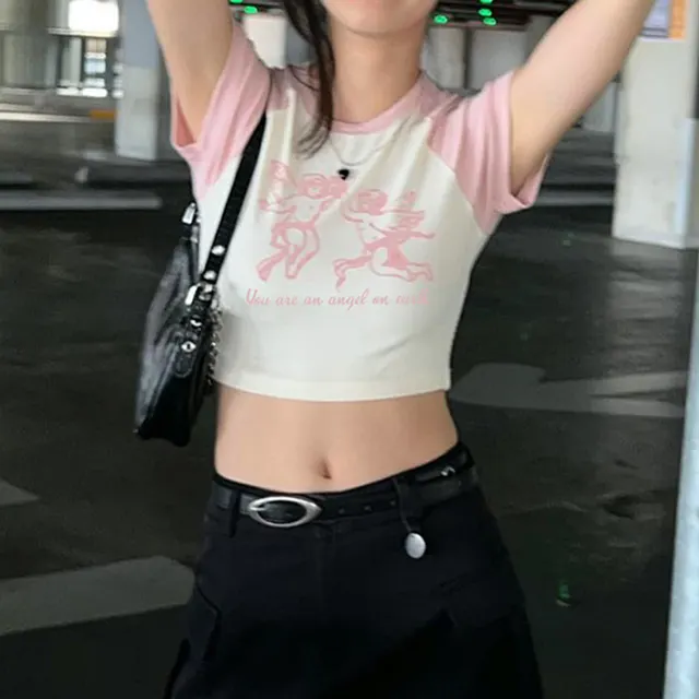 Fashion Angel Print Crewneck T shirt Women's Bump Color Insert Shoulder Short Sleeve Crop Slim Short Casual Top Pink - Shop at LoveMi
