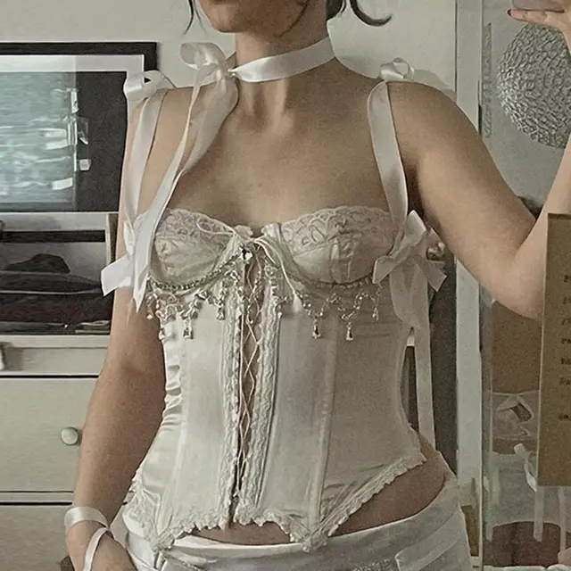 Lace Satin Hollowed Out Solid Color Suspender Vest Waist Drawstring Tight fitting Matte Bra White - Shop at LoveMi