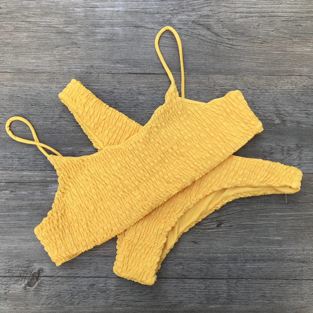 Swimsuit Pleated Triangle Bikini European And American Swimwear Women Yellow - Shop at LoveMi