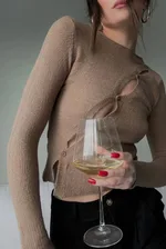 Irregular Round Neck Woolen Long-sleeved Shirt - Camel