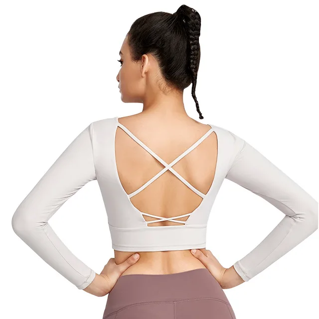 Tight T shirt With Chest Pad Long Sleeve Yoga Wear Fog White - Shop at LoveMi