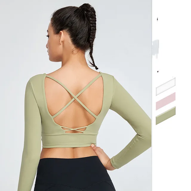 Tight T shirt With Chest Pad Long Sleeve Yoga Wear Mustard Green - Shop at LoveMi