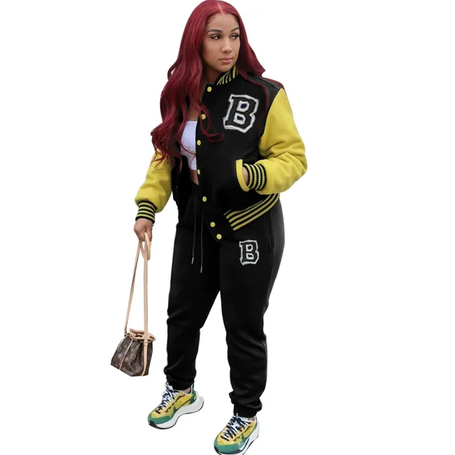 European And American Baseball Uniform Set Letter Two piece Suit Black - Shop at LoveMi