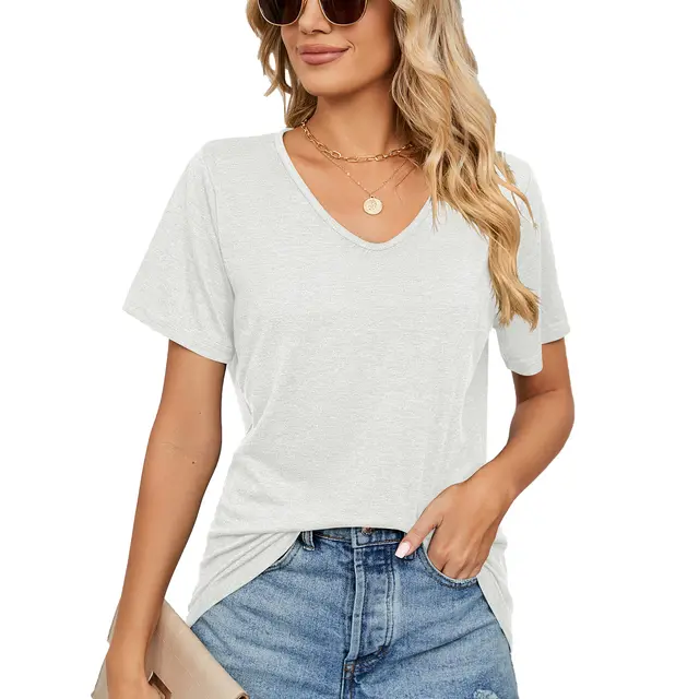Spring Summer New Short Sleeves V neck Pleated Solid Color Loose fitting T shirt Top Women White - Shop at LoveMi
