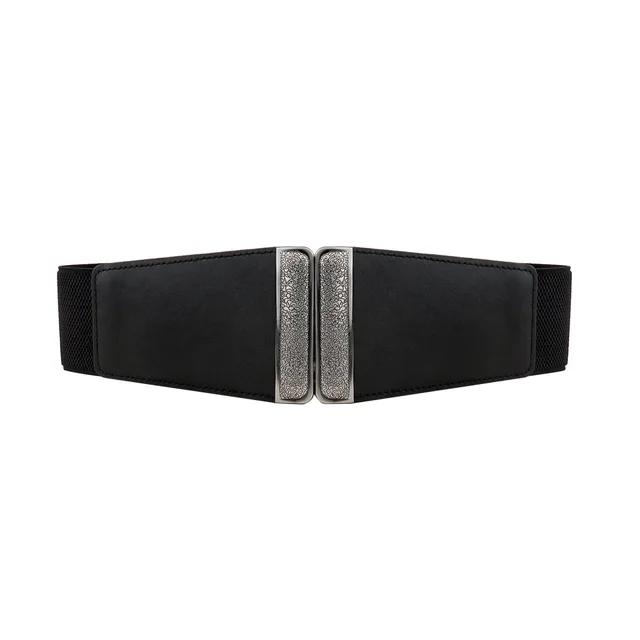 Simple Women's Black Wide Belt Elastic Retro Carved Grain Corset Waist Slim Suit Jacket Waist Seal Black - Shop at LoveMi