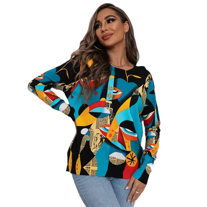 Printed Round Neck Pullover Knitted Sweater - Blue