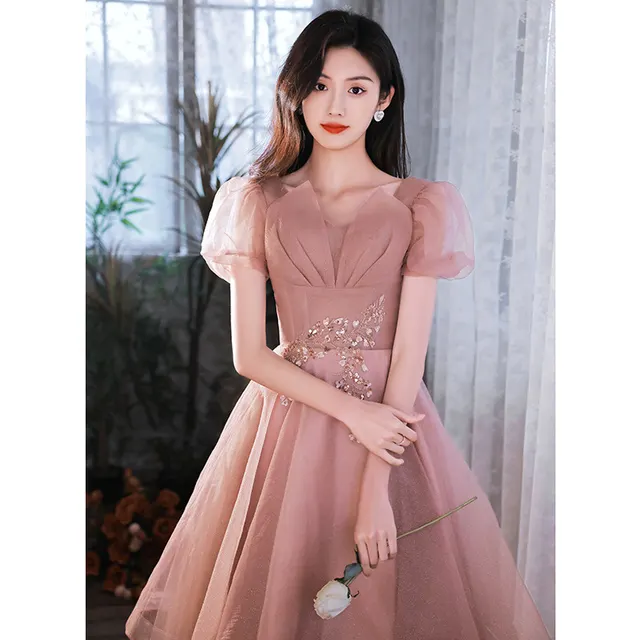 HOOR Women Luxury Puff Sleeve Backless Shiny Prom Gown Medium And Long Bean Paste - Shop at LoveMi