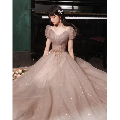 HOOR Women Luxury Puff Sleeve Backless Shiny Prom Gown Bean Paste Color Long Style M - Shop at LoveMi