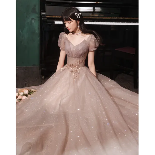 HOOR Women Luxury Puff Sleeve Backless Shiny Prom Gown Bean Paste Color Long Style - Shop at LoveMi