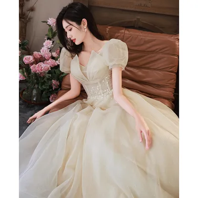 HOOR Women Luxury Puff Sleeve Backless Shiny Prom Gown Champagne 5Xl - Shop at LoveMi