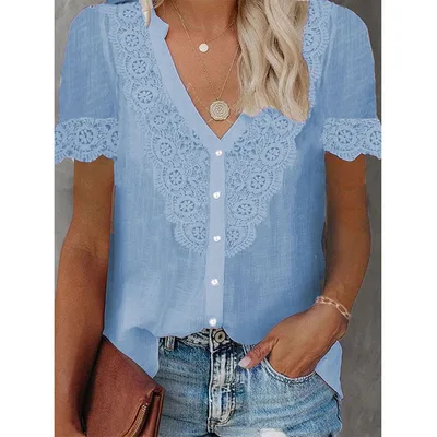 Summer New Women's Lace Stitching Tencel Short Sleeve Shirt Blue - Shop at LoveMi