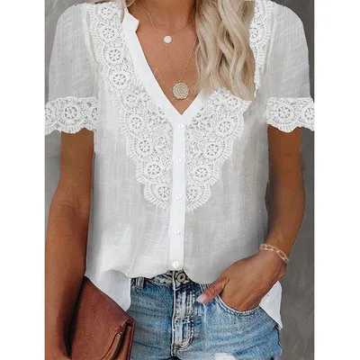 Summer New Women's Lace Stitching Tencel Short Sleeve Shirt White - Shop at LoveMi