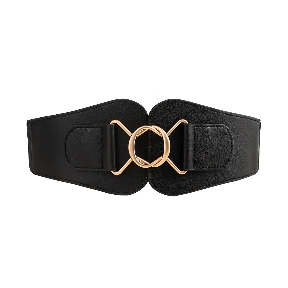 New Retro Women's Elastic Elastic Wide Waist Seal Geometric Interlocking Buckle 100 Match Skirt Coat Simple Black Belt Black - Shop at LoveMi