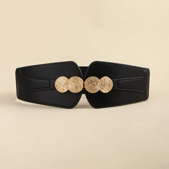 New Women's Belt Elastic Elastic Wide Waist Seal Senior Sense Carved Metal Buckle Everything Coat Shirt Cover Skirt Black - Shop at LoveMi