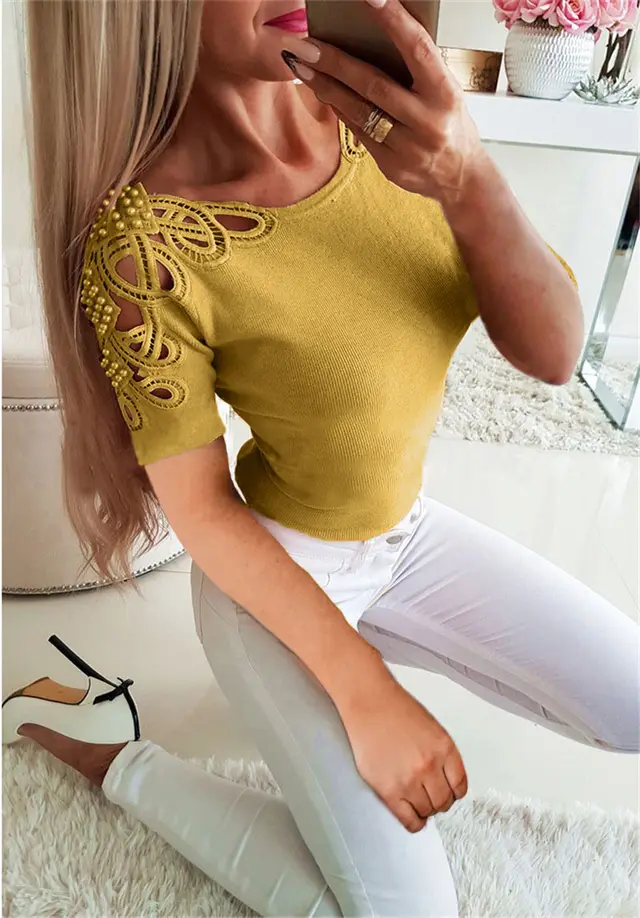 Hollow Slim Shoulder Lace Blouse Yellow - Shop at LoveMi