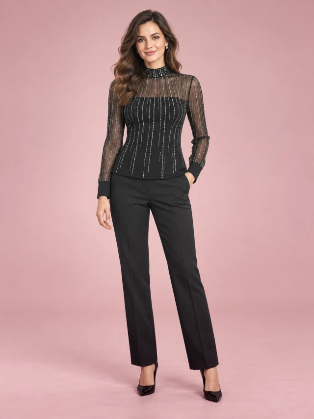 Black Rhinestone Transparent Mesh Long Sleeve Bodysuit Black - Shop at LoveMi