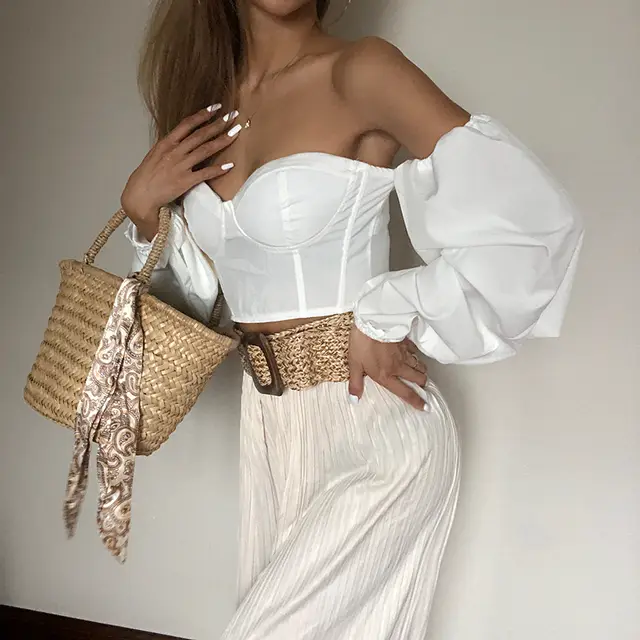 Bohemian Low cut Waistband Straight Neck Long Sleeve White - Shop at LoveMi