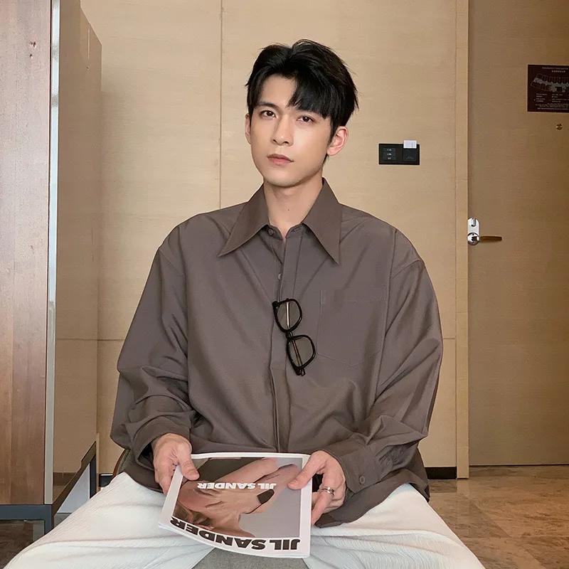 Men's Long sleeved Non ironing Solid Color With Korean White Shirt Brown - Shop at LoveMi